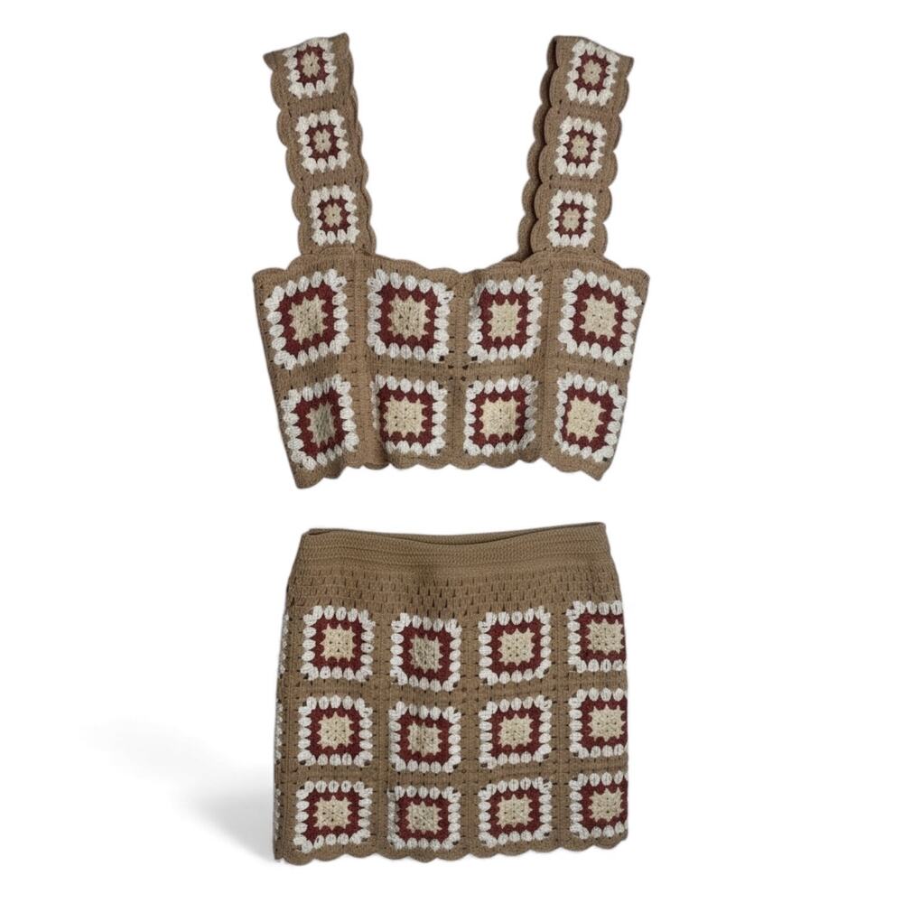 Aesthetic Instinct Beige and Red Crochet Two-Piece Mini Dress